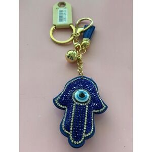 Hamsa Evil Eye Rhinestone Keychain, Blue Tassel